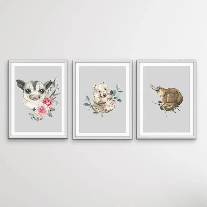 Australian Native Animal Prints Set One - Possum, Wombat, Platypus - I Heart Wall Art - Poster Print, Canvas Print or Framed Art Print