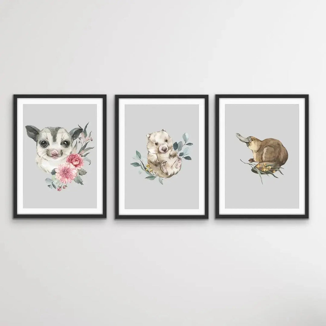 Australian Native Animal Prints Set One - Possum, Wombat, Platypus - I Heart Wall Art - Poster Print, Canvas Print or Framed Art Print