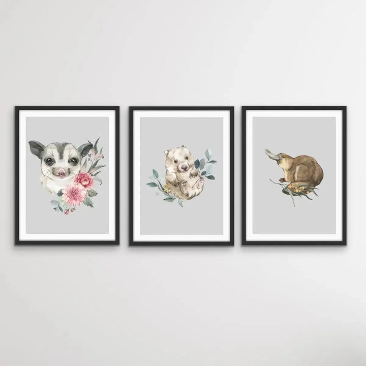 Australian Native Animal Prints Set One - Possum, Wombat, Platypus - I Heart Wall Art - Poster Print, Canvas Print or Framed Art Print