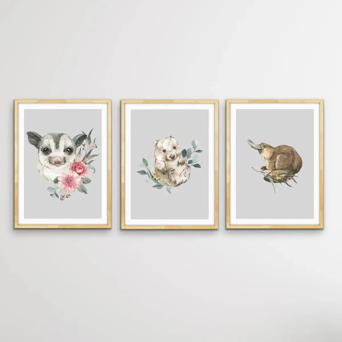 Australian Native Animal Prints Set One - Possum, Wombat, Platypus - I Heart Wall Art - Poster Print, Canvas Print or Framed Art Print