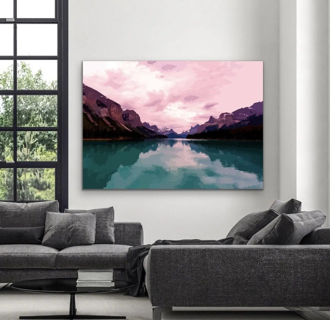 Away From It All - Vivid Mountain Landscape Print in Pink and Green - I Heart Wall Art - Poster Print, Canvas Print or Framed Art Print