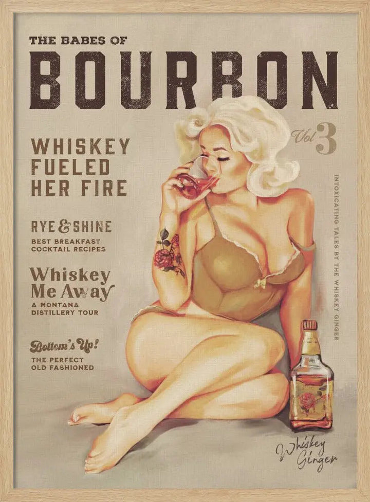 Babes of Bourbon Vol 3 Sexy Vintage Pin Up Girl Drinking Whiskey - Stretched Canvas, Poster or Fine Art Print I Heart Wall Art