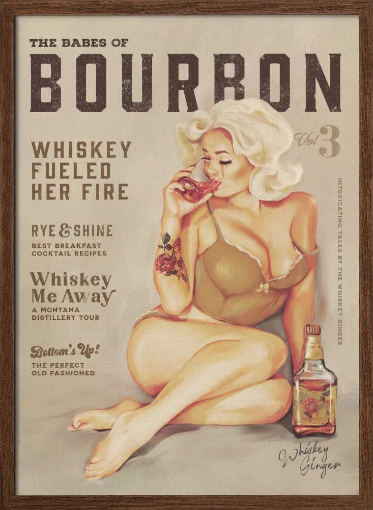 Babes of Bourbon Vol 3 Sexy Vintage Pin Up Girl Drinking Whiskey - Stretched Canvas, Poster or Fine Art Print I Heart Wall Art