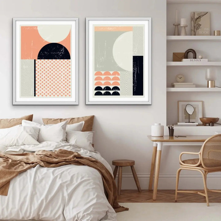 Baker Street - Two Piece Mid Century Pink Black Geometric Print Set Diptych - I Heart Wall Art - Poster Print, Canvas Print or Framed Art Print