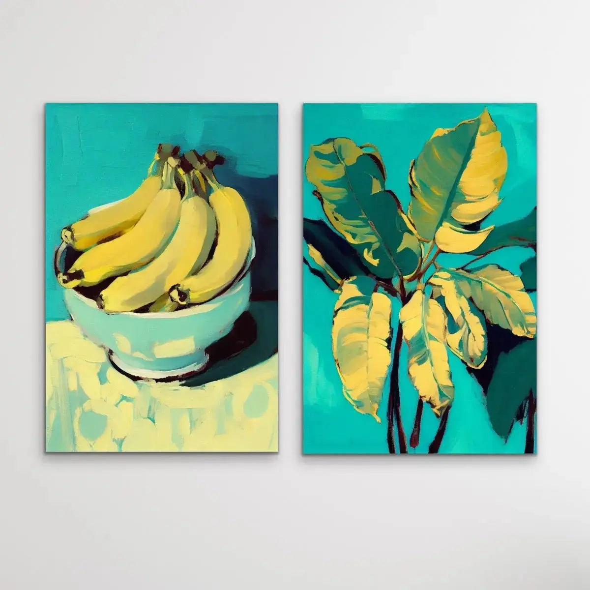 Banana and Banana Leafs - Two Piece Yellow and Turquoise Painted Print Set by Treechild I Heart Wall Art Australia 
