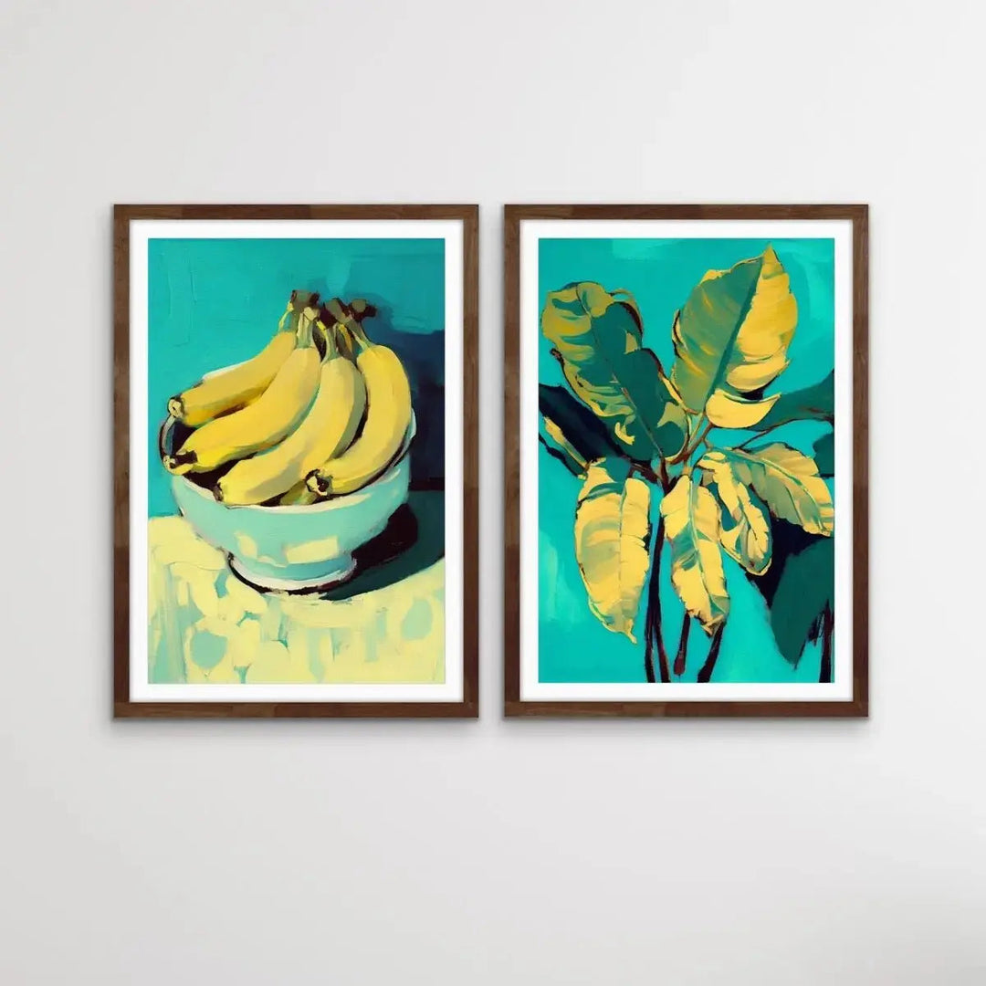 Banana and Banana Leafs - Two Piece Yellow and Turquoise Painted Print Set by Treechild I Heart Wall Art Australia 