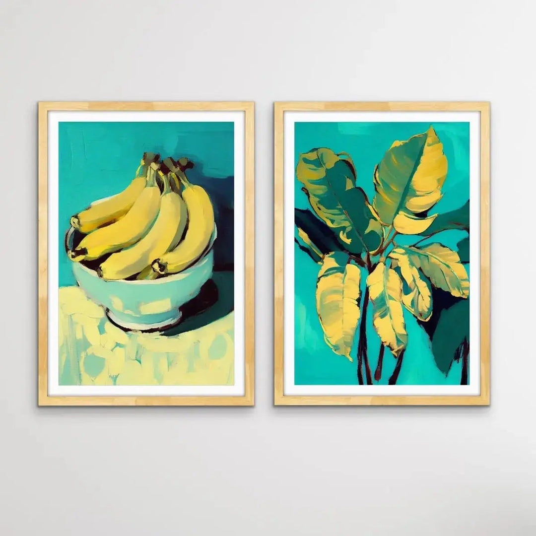 Banana and Banana Leafs - Two Piece Yellow and Turquoise Painted Print Set by Treechild I Heart Wall Art Australia 