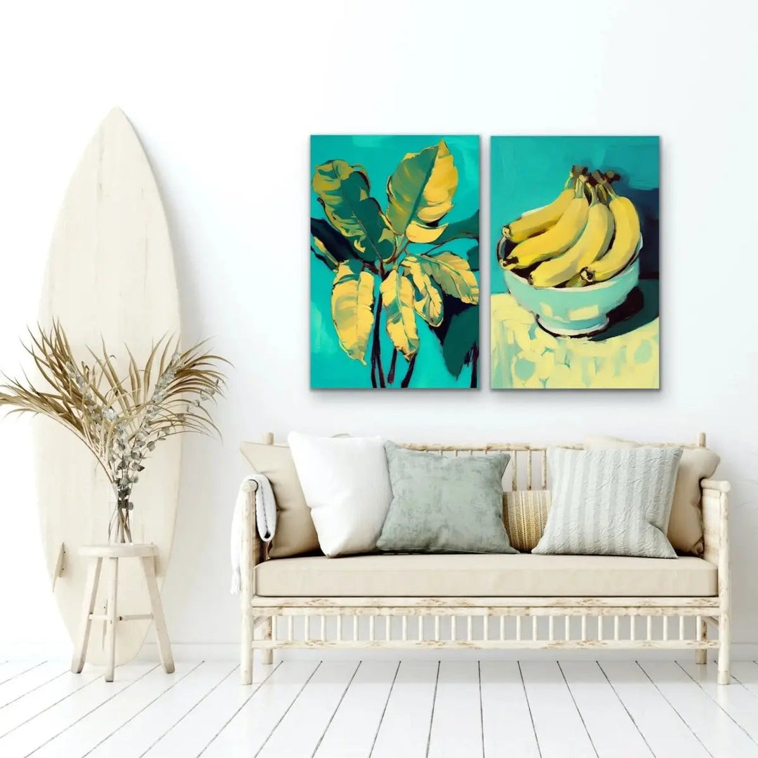 Banana and Banana Leafs - Two Piece Yellow and Turquoise Painted Print Set by Treechild I Heart Wall Art Australia 