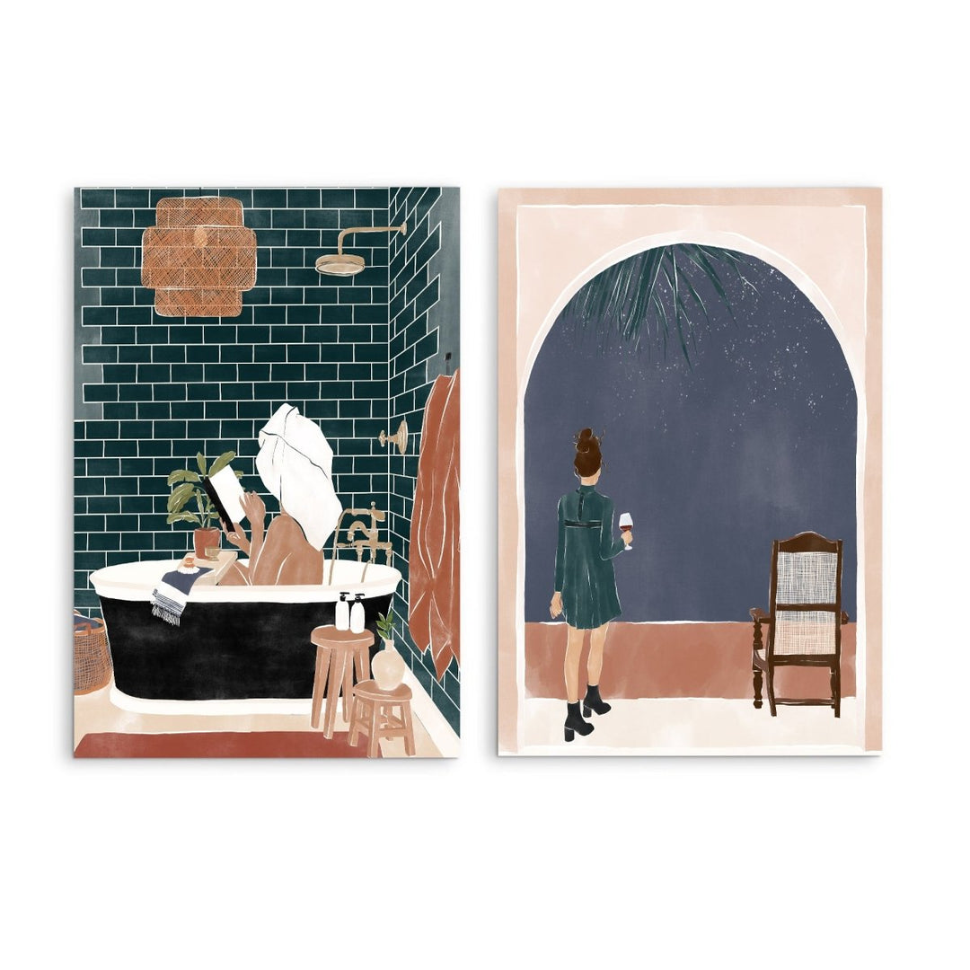 Bathroom Babe and Starry Night by Ivy Green Illustrations - Two Piece Stretched Canvas or Art Print Set Diptych - I Heart Wall Art - Poster Print, Canvas Print or Framed Art Print