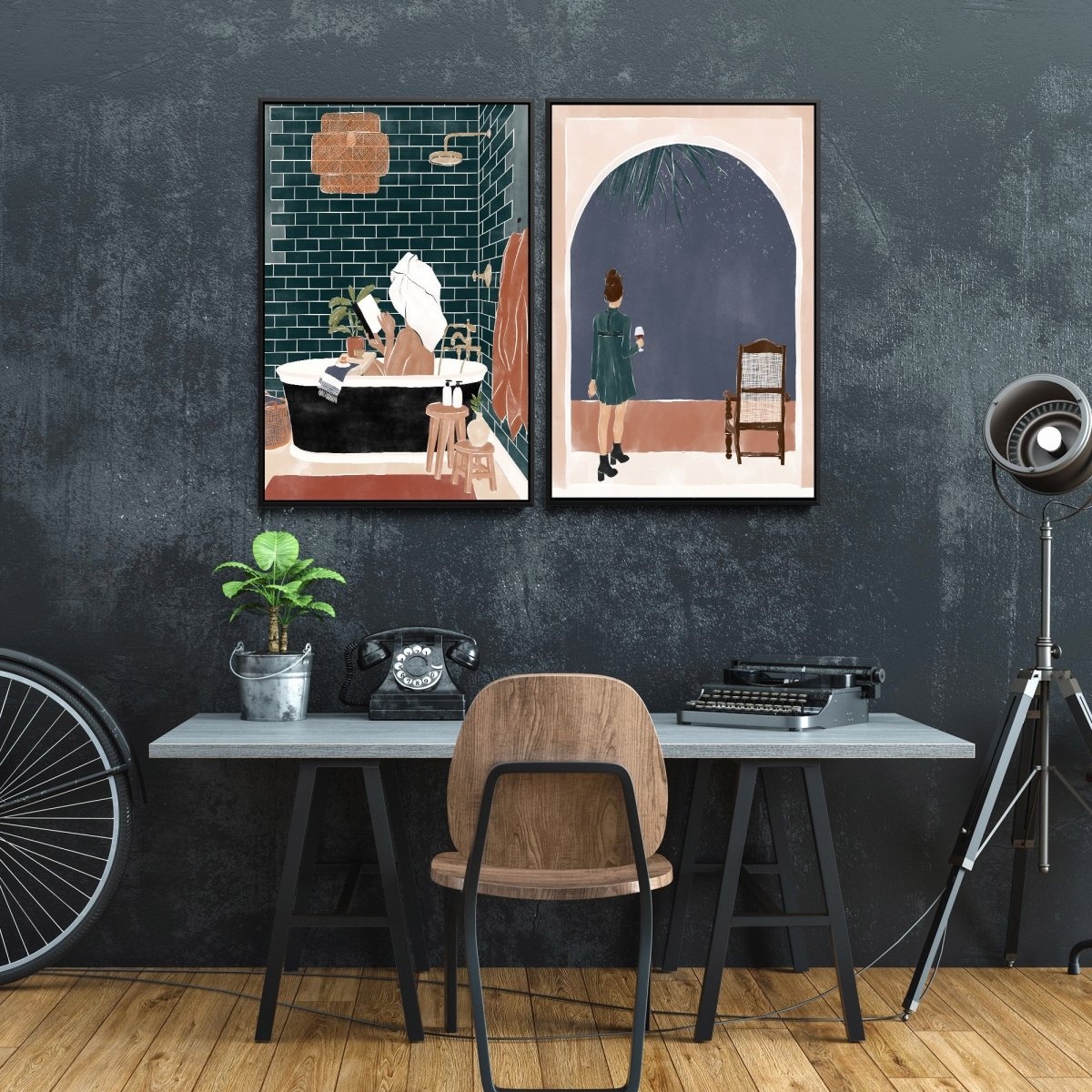 Bathroom Babe and Starry Night by Ivy Green Illustrations - Two Piece Stretched Canvas or Art Print Set Diptych - I Heart Wall Art - Poster Print, Canvas Print or Framed Art Print