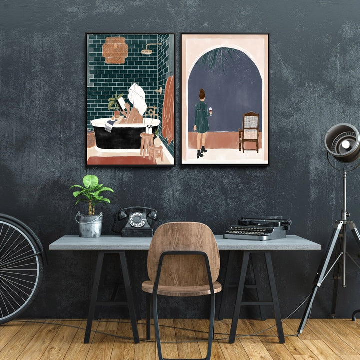 Bathroom Babe and Starry Night by Ivy Green Illustrations - Two Piece Stretched Canvas or Art Print Set Diptych - I Heart Wall Art - Poster Print, Canvas Print or Framed Art Print