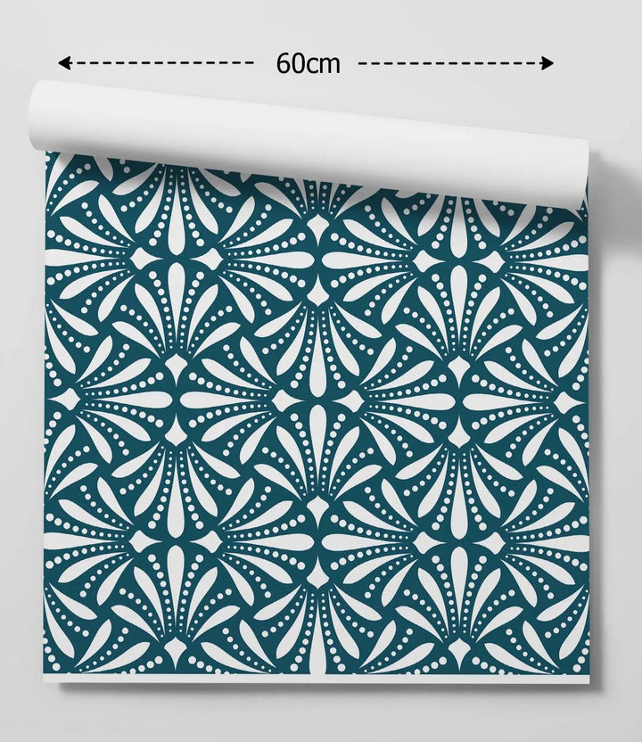 Betty vintage wallpaper roll in teal and white geometric pattern 60cm wide removable and vintage style
