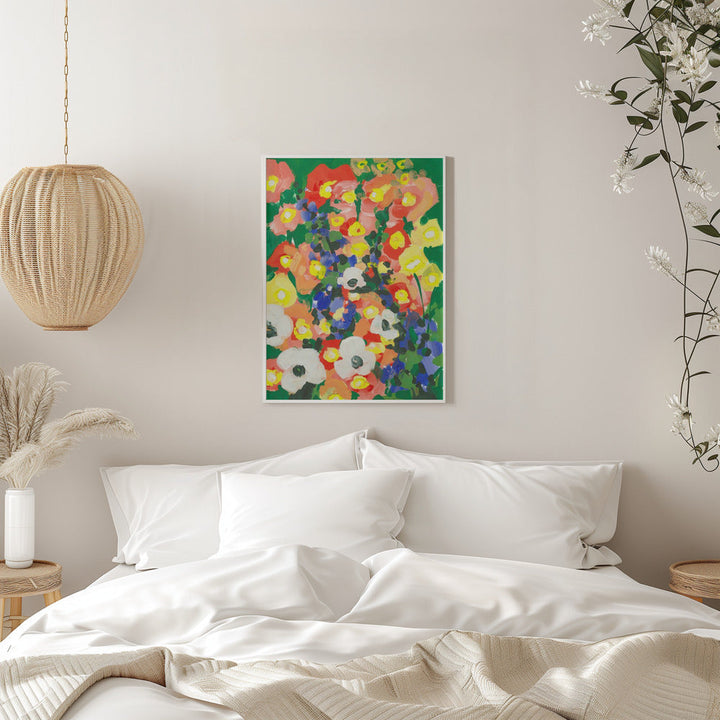 Big White Flower With Blue Bells - Stretched Canvas, Poster or Fine Art Print I Heart Wall Art