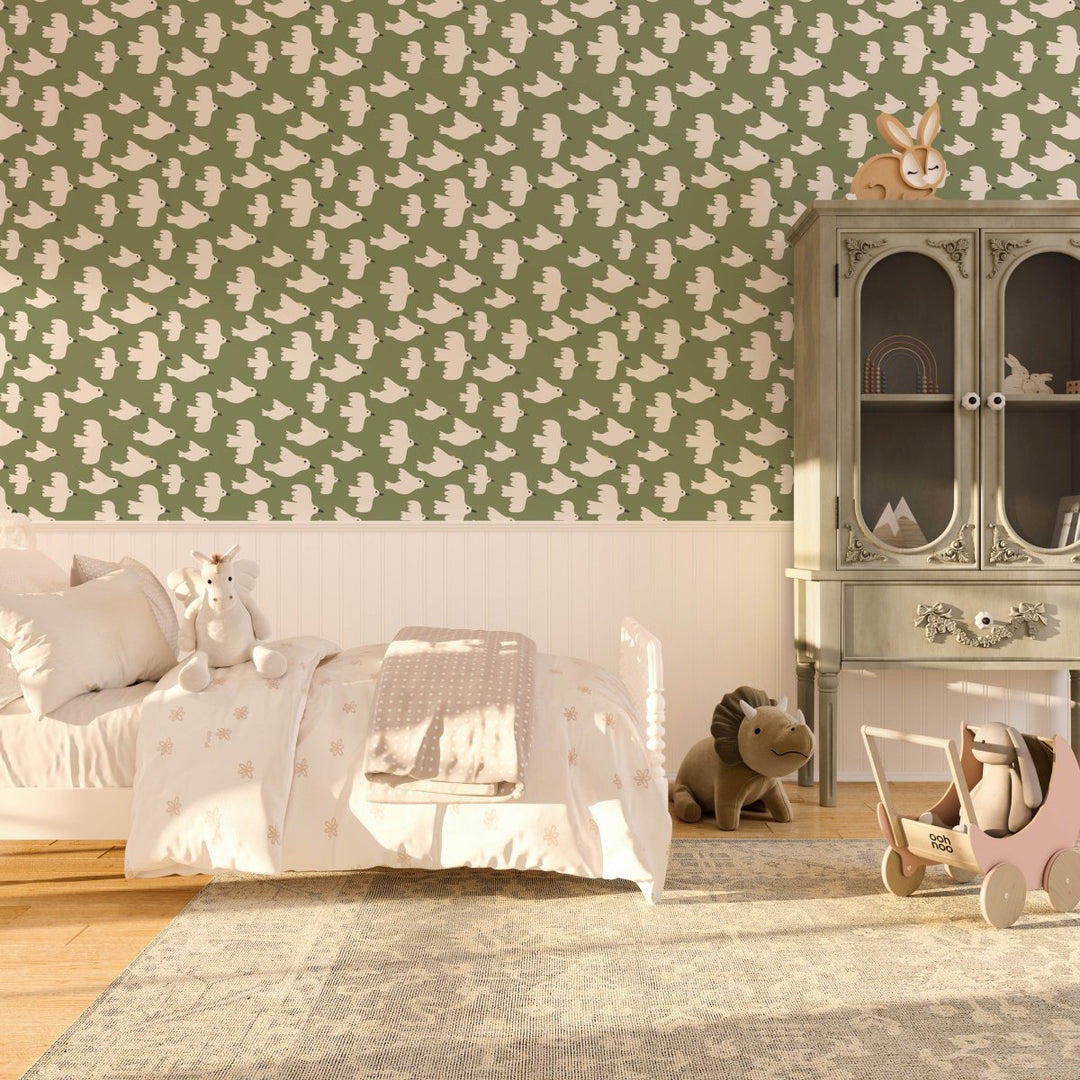 Birdies On Green - Peel and Stick Removable Wallpaper - I Heart Wall Art - Poster Print, Canvas Print or Framed Art Print