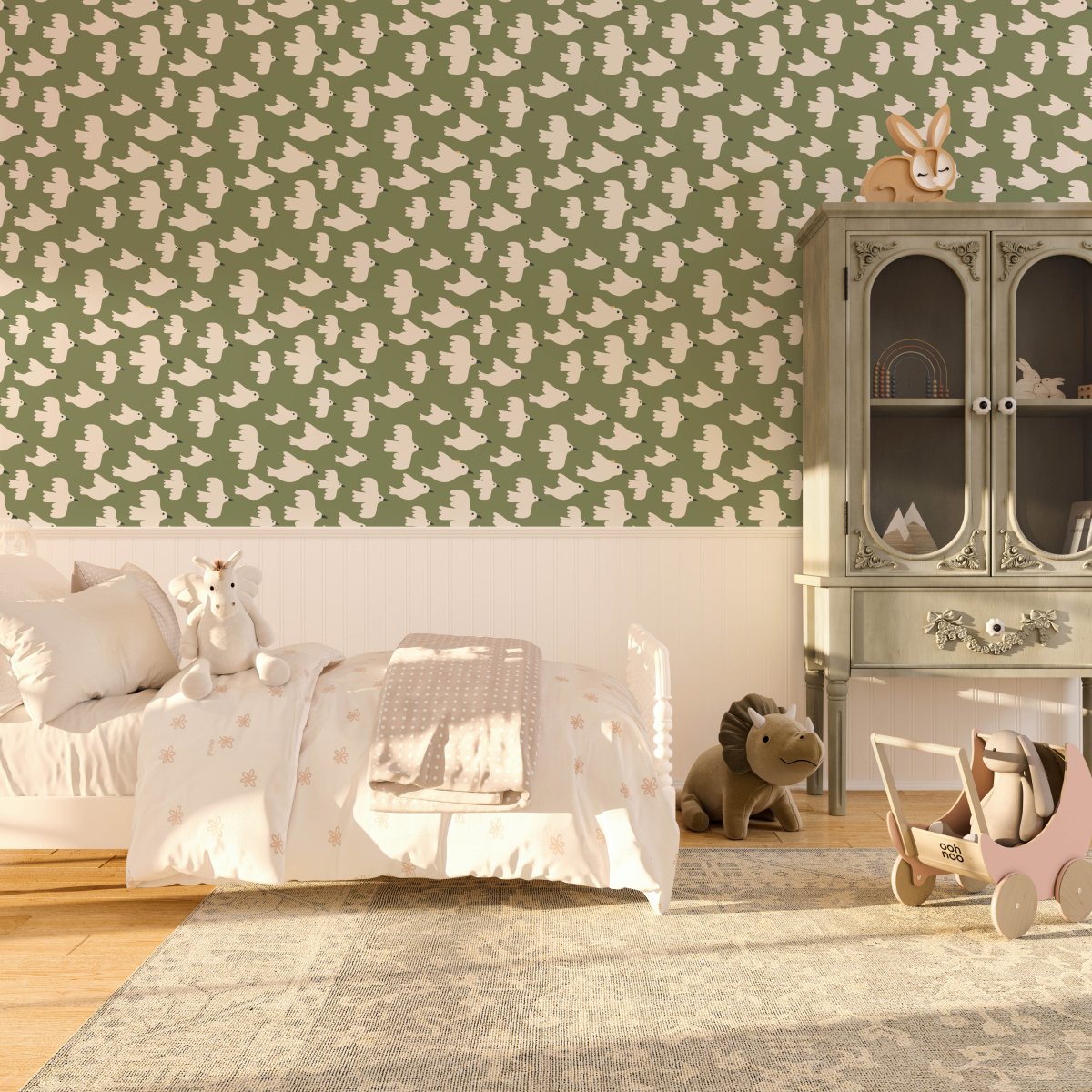 Birdies On Green - Peel and Stick Removable Wallpaper - I Heart Wall Art - Poster Print, Canvas Print or Framed Art Print