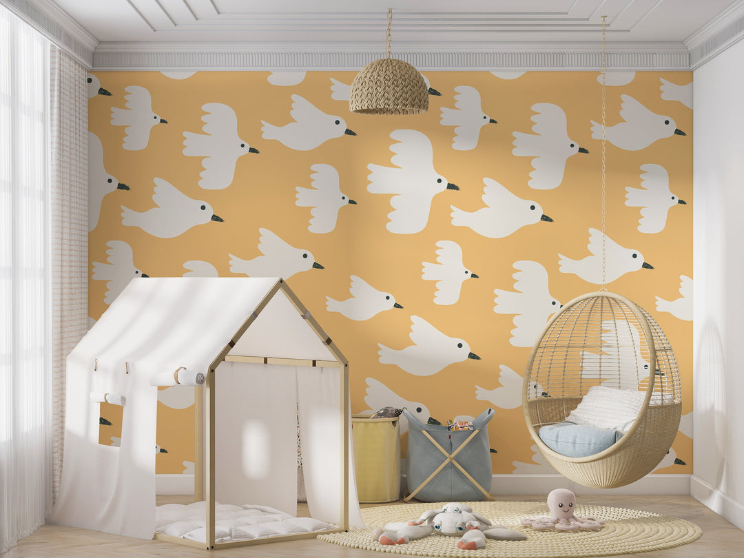 Birdies On Yellow - Peel and Stick Removable Wallpaper