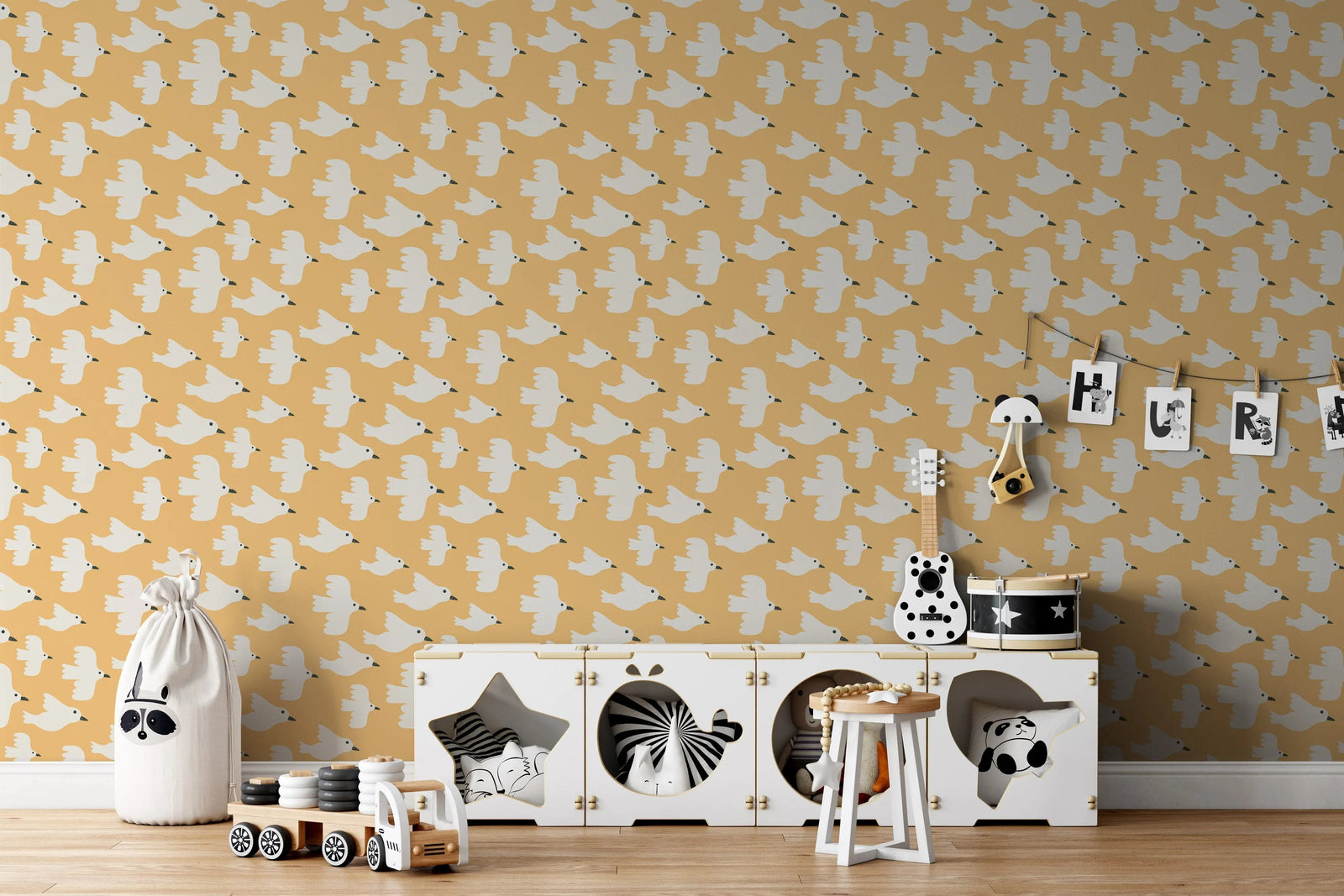 Birdies On Yellow - Peel and Stick Removable Wallpaper I Heart Wall Art Australia