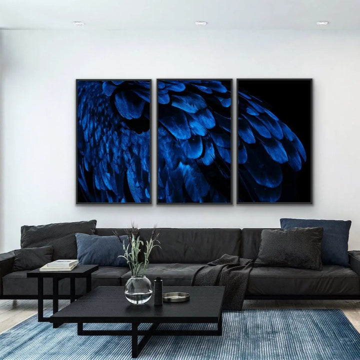 Birds Of A Feather - Three Piece Blue Feather Photographic Art Print Set Triptych - I Heart Wall Art - Poster Print, Canvas Print or Framed Art Print