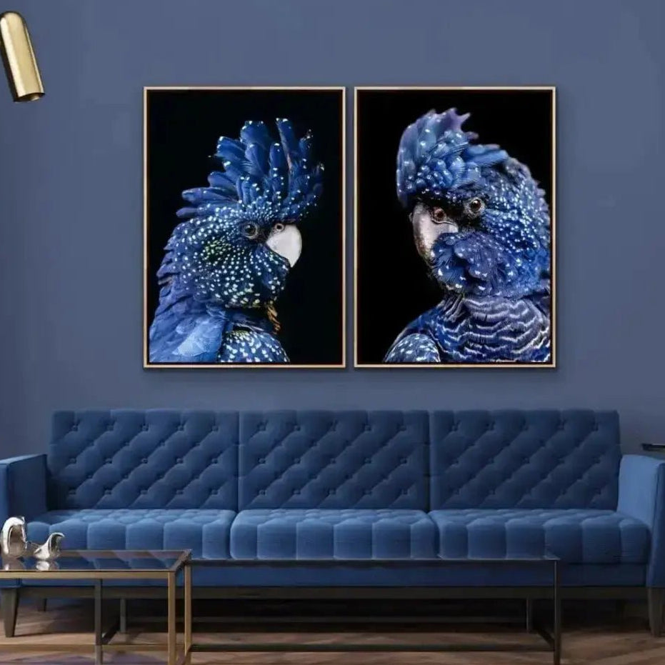 Black Cockatoo On Black - Two Piece Black Cockatoo Stretched Canvas Framed Wall Art - I Heart Wall Art - Poster Print, Canvas Print or Framed Art Print