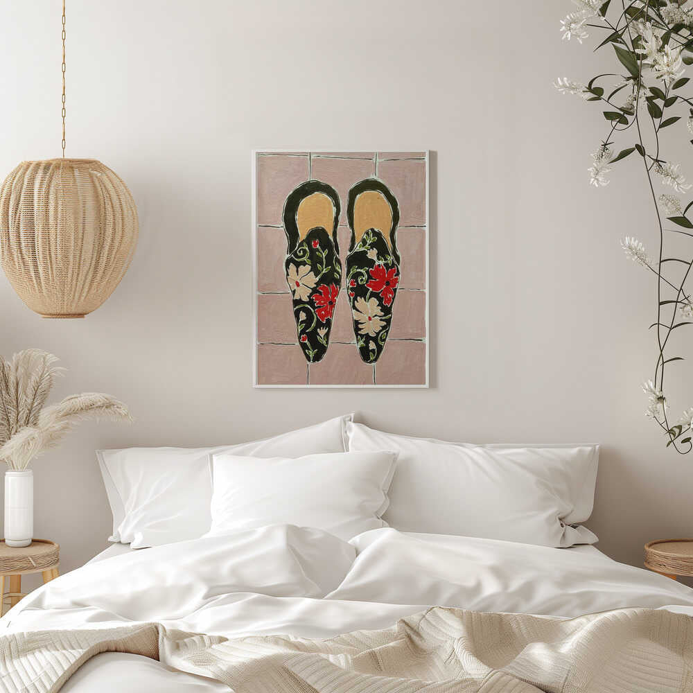 Black Shoes On Pink Tiles - Stretched Canvas, Poster or Fine Art Print - I Heart Wall Art - Poster Print, Canvas Print or Framed Art Print