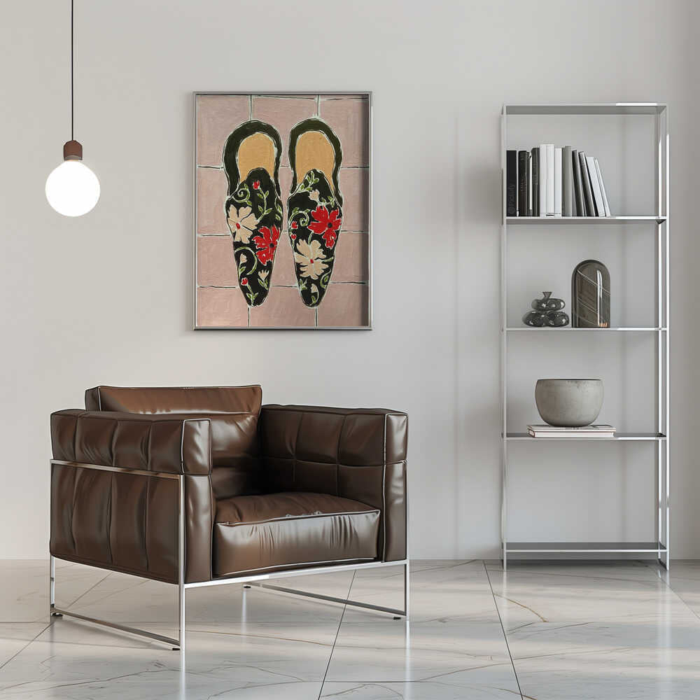 Black Shoes On Pink Tiles - Stretched Canvas, Poster or Fine Art Print - I Heart Wall Art - Poster Print, Canvas Print or Framed Art Print