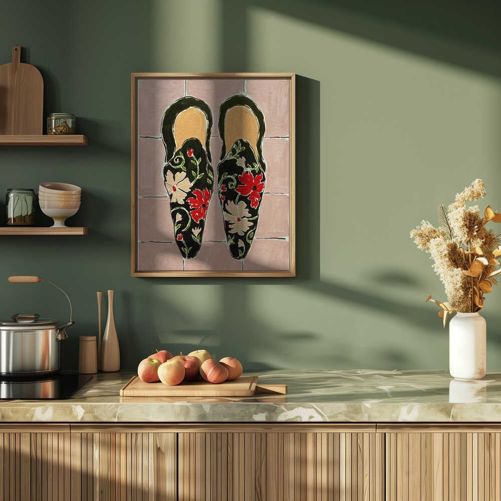 Black Shoes On Pink Tiles - Stretched Canvas, Poster or Fine Art Print - I Heart Wall Art - Poster Print, Canvas Print or Framed Art Print