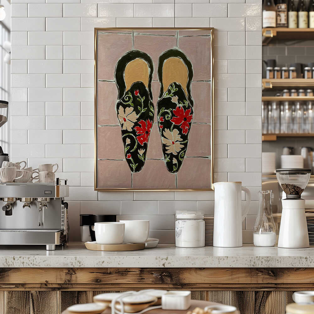 Black Shoes On Pink Tiles - Stretched Canvas, Poster or Fine Art Print - I Heart Wall Art - Poster Print, Canvas Print or Framed Art Print