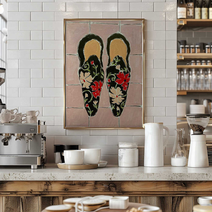 Black Shoes On Pink Tiles - Stretched Canvas, Poster or Fine Art Print - I Heart Wall Art - Poster Print, Canvas Print or Framed Art Print