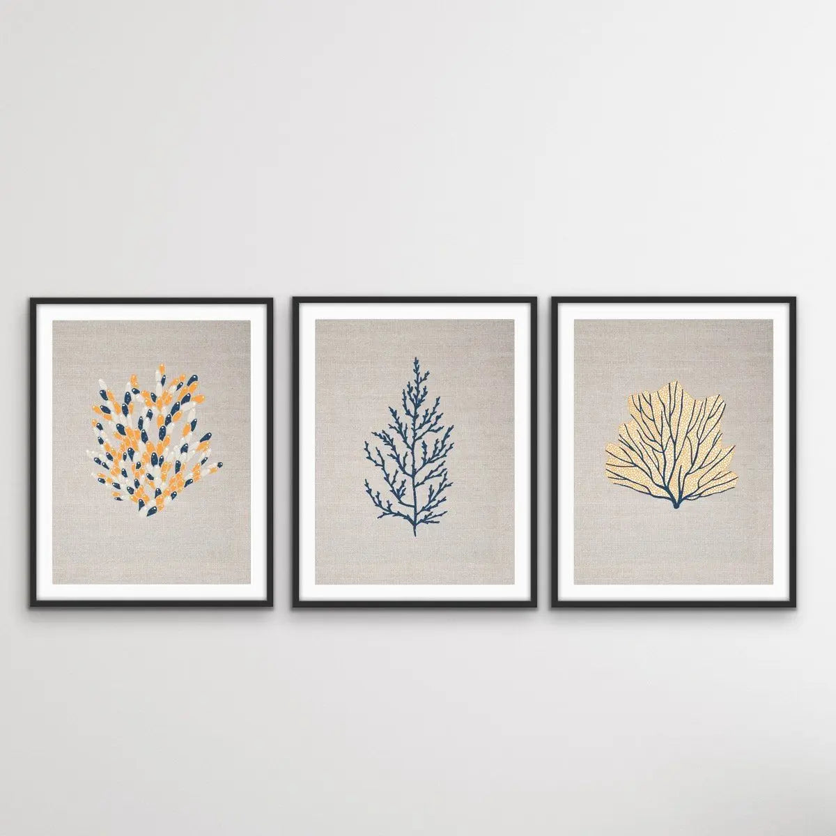 Blue and Yellow Coral On Linen Seaside Wall Art Prints - Three Piece Art Print Set Triptych - I Heart Wall Art - Poster Print, Canvas Print or Framed Art Print