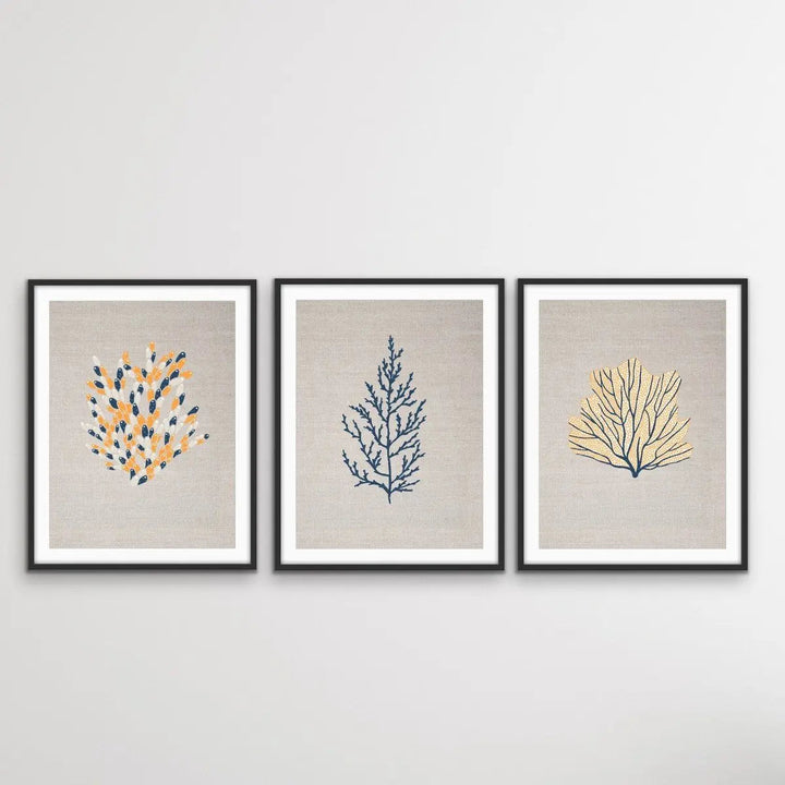 Blue and Yellow Coral On Linen Seaside Wall Art Prints - Three Piece Art Print Set Triptych - I Heart Wall Art - Poster Print, Canvas Print or Framed Art Print