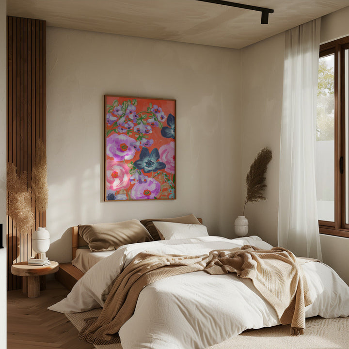 Blue Anemones On Red - Stretched Canvas, Poster or Fine Art Print I Heart Wall Art