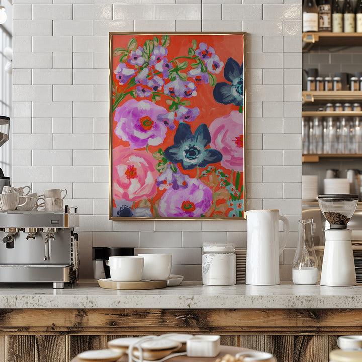 Blue Anemones On Red - Stretched Canvas, Poster or Fine Art Print I Heart Wall Art