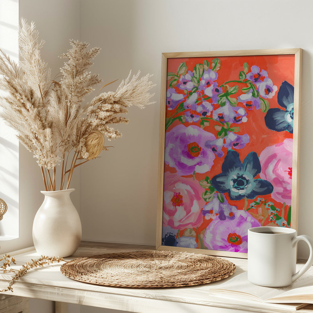 Blue Anemones On Red - Stretched Canvas, Poster or Fine Art Print I Heart Wall Art