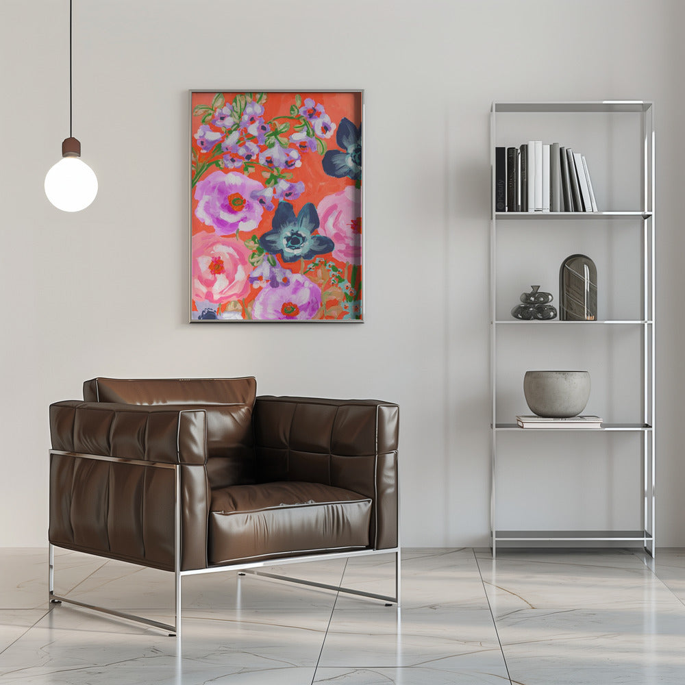 Blue Anemones On Red - Stretched Canvas, Poster or Fine Art Print I Heart Wall Art