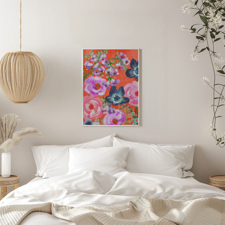 Blue Anemones On Red - Stretched Canvas, Poster or Fine Art Print I Heart Wall Art