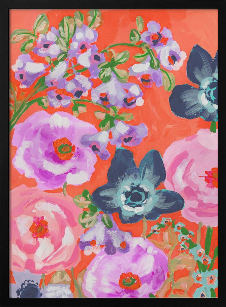Blue Anemones On Red - Stretched Canvas, Poster or Fine Art Print I Heart Wall Art