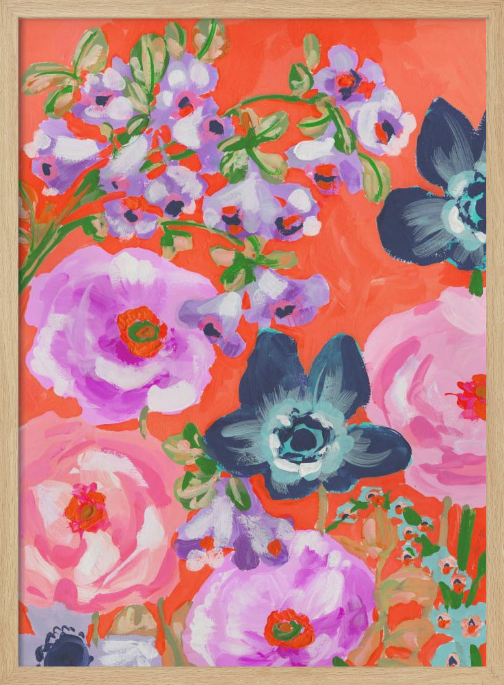 Blue Anemones On Red - Stretched Canvas, Poster or Fine Art Print I Heart Wall Art
