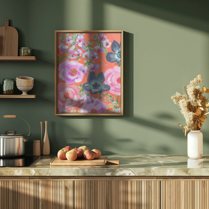 Blue Anemones On Red - Stretched Canvas, Poster or Fine Art Print I Heart Wall Art