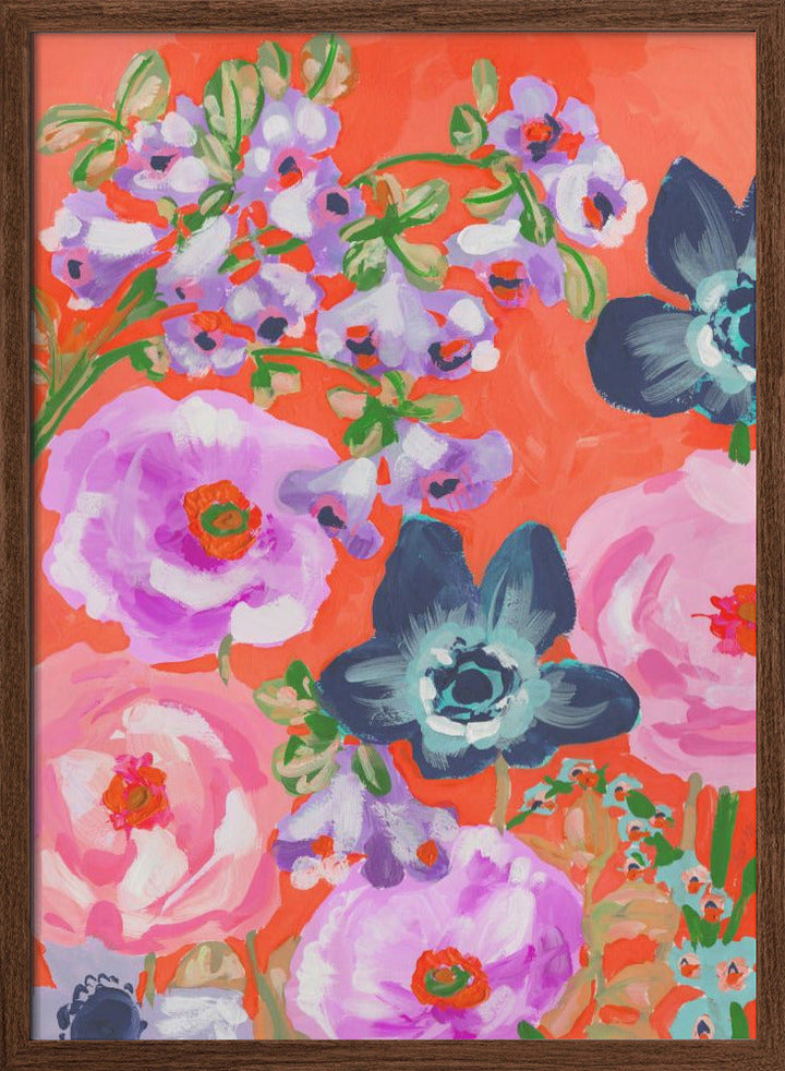 Blue Anemones On Red - Stretched Canvas, Poster or Fine Art Print I Heart Wall Art