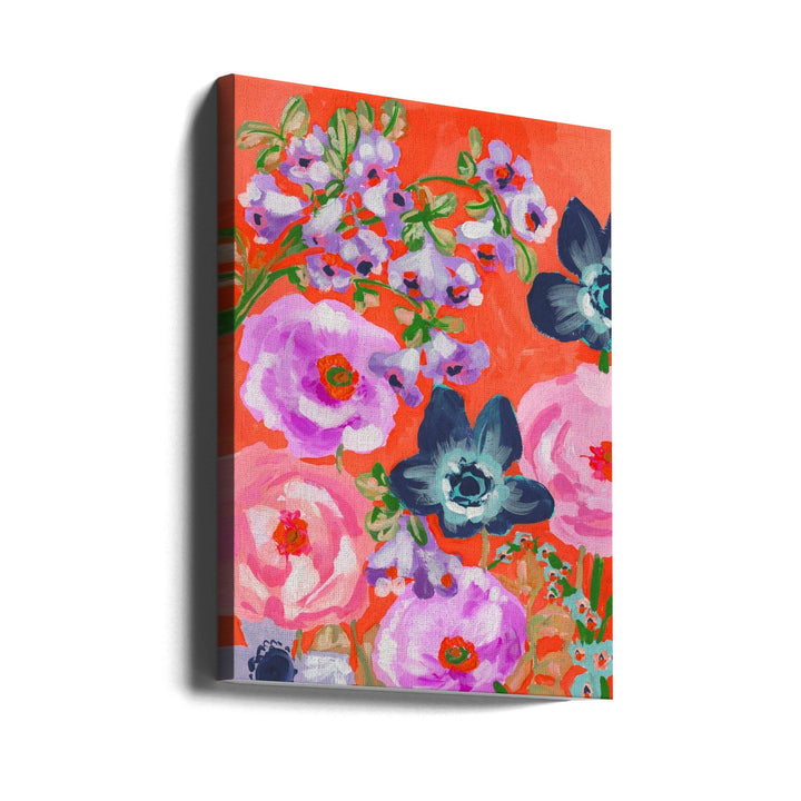 Blue Anemones On Red - Stretched Canvas, Poster or Fine Art Print I Heart Wall Art