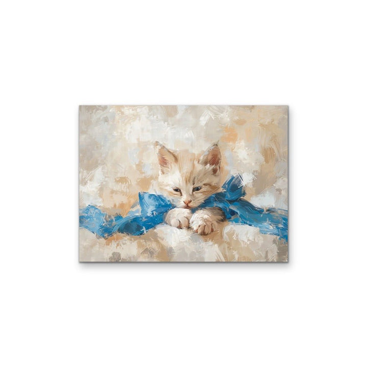 Blue - bowed Kitten - Cat Still Life Painting, Stretched Canvas or Wall Art Print - I Heart Wall Art - Poster Print, Canvas Print or Framed Art Print