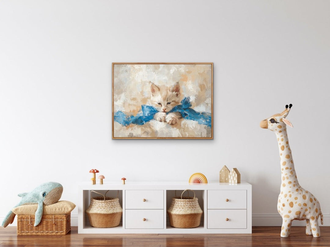 Blue - bowed Kitten - Cat Still Life Painting, Stretched Canvas or Wall Art Print - I Heart Wall Art - Poster Print, Canvas Print or Framed Art Print