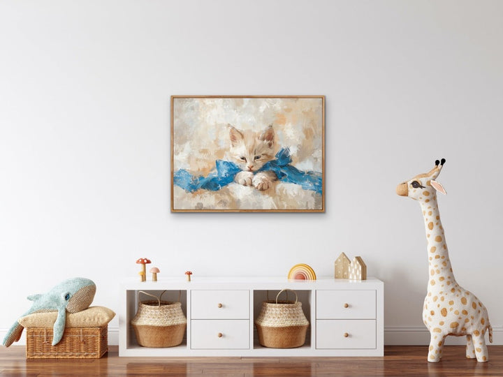 Blue - bowed Kitten - Cat Still Life Painting, Stretched Canvas or Wall Art Print - I Heart Wall Art - Poster Print, Canvas Print or Framed Art Print