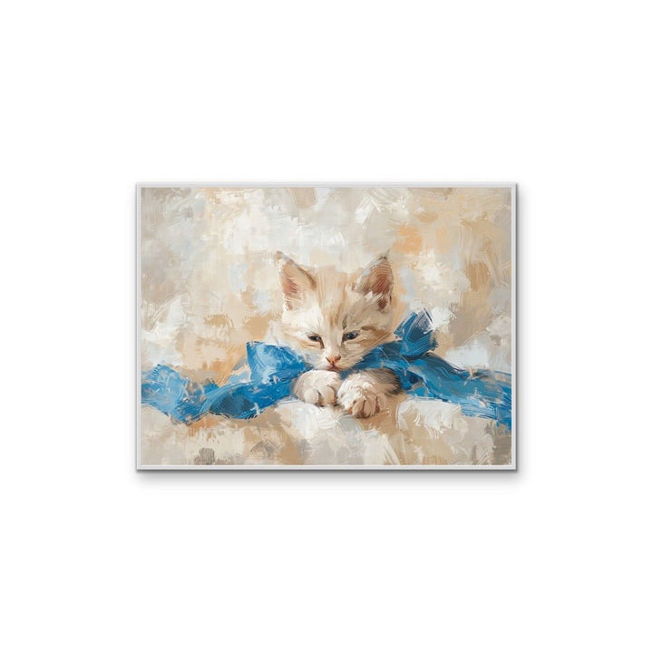 Blue - bowed Kitten - Cat Still Life Painting, Stretched Canvas or Wall Art Print - I Heart Wall Art - Poster Print, Canvas Print or Framed Art Print