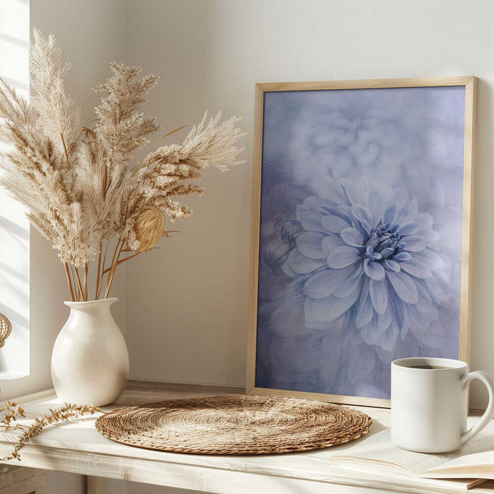 Blue Dahlia Dream - Floral Photographic Stretched Canvas Poster or Fine Art Print