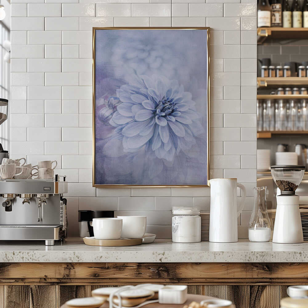 Blue Dahlia Dream - Floral Photographic Stretched Canvas Poster or Fine Art Print