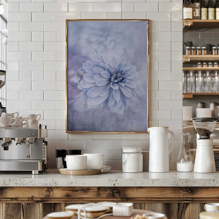 Blue Dahlia Dream - Floral Photographic Stretched Canvas Poster or Fine Art Print
