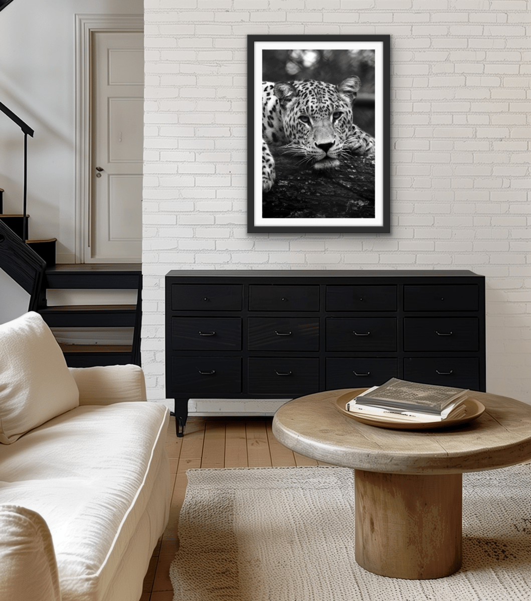 Blue Eyed Leopard - Black and White Animal Stretched Canvas or Wall Art Print - I Heart Wall Art - Poster Print, Canvas Print or Framed Art Print