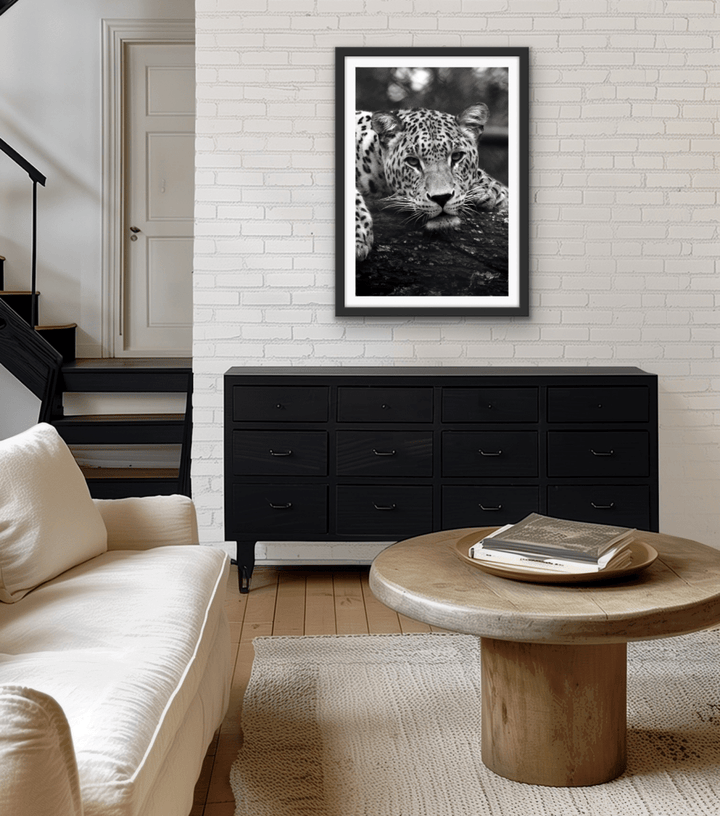 Blue Eyed Leopard - Black and White Animal Stretched Canvas or Wall Art Print - I Heart Wall Art - Poster Print, Canvas Print or Framed Art Print