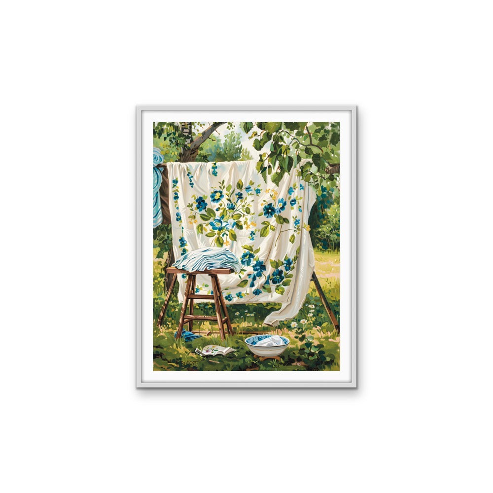 Blue Flora Sheets - Vintage Backyard Bedlinen, Stretched Canvas or Wall Art Print I Heart Wall Art